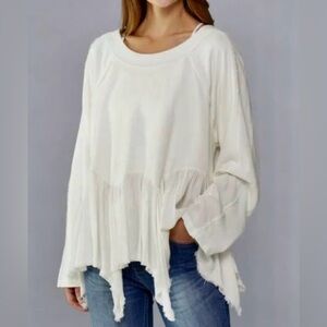 Free People Cream Ruffle Raw Hem Long Sleeve Sweatshirt